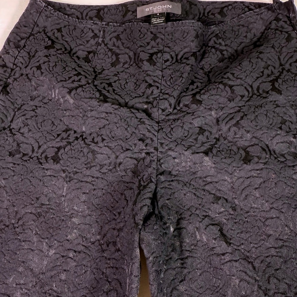 St John Navy Floral Jacquard Textured Slim Leg Ankle Slit Pants‎ Size 6 holiday